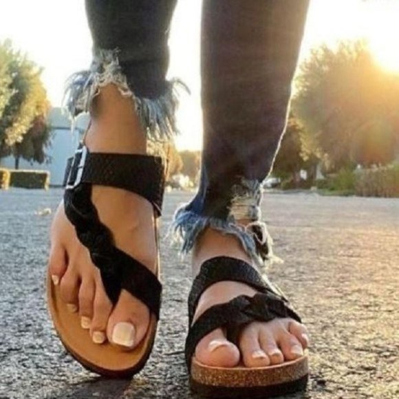 Shoes - Black Braided Slip on Sandal Sandal